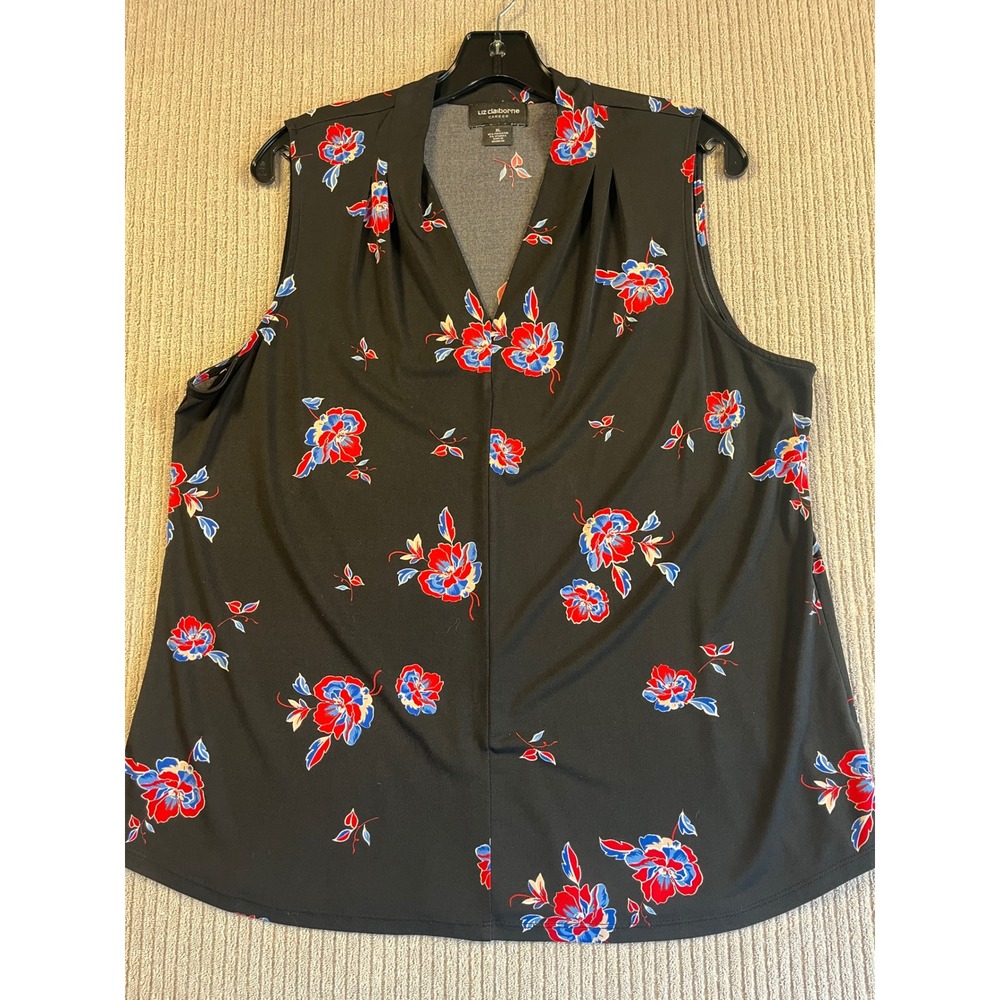Liz Claiborne Career Top Womens XL Dark Romantic Black Floral Sleeveless V-Neck